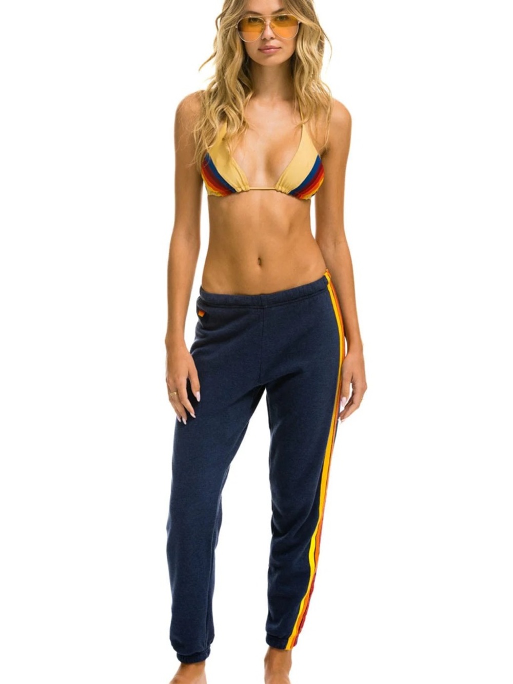 Aviator Nation Navy Track Pants with Yellow & Red Side Stripes